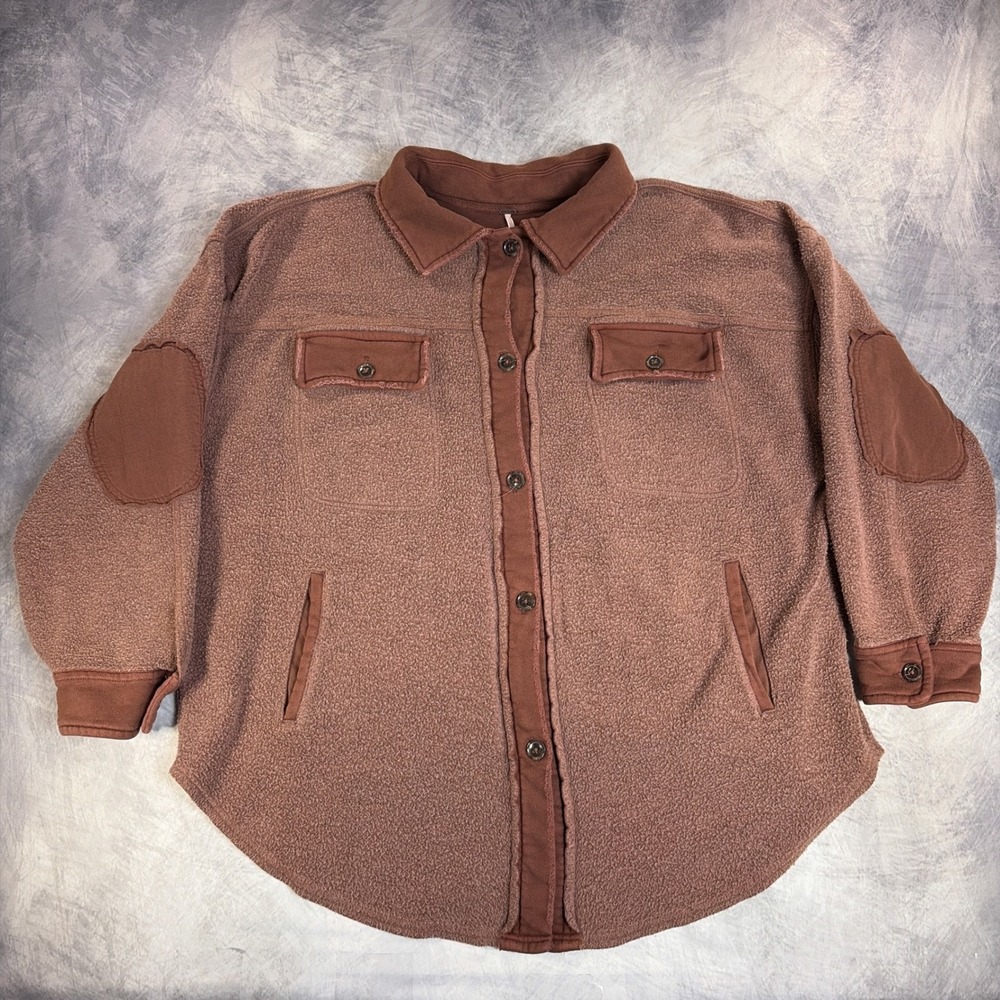 Free People Ruby Jacket Womens XL Brown Fleece Button Down Elbow Patch Shacket